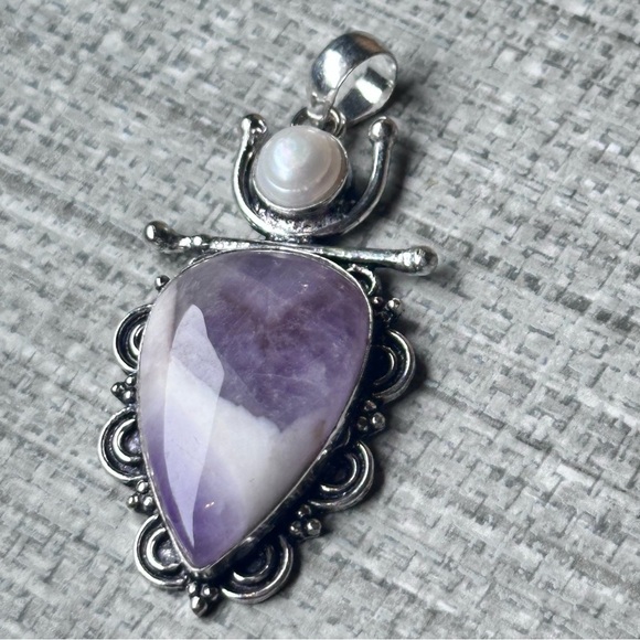 Elegant Artisan Amethyst Pendant Teardrop With Pearl Accent Silver Tone - Picture 2 of 7